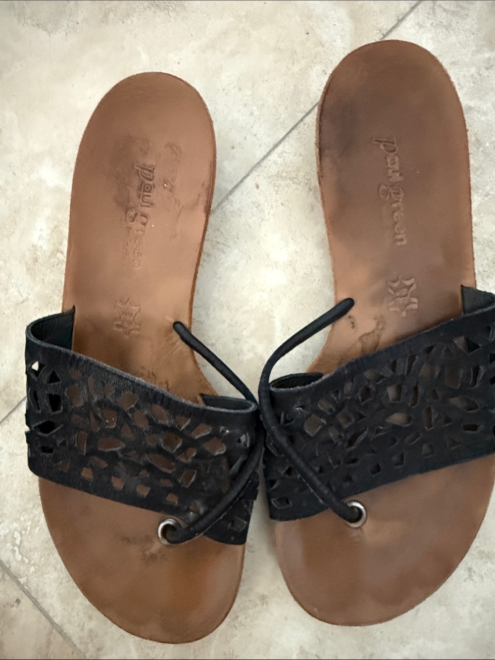 Paul Green Black Laser-Cut Toe-Loop Slide Sandals